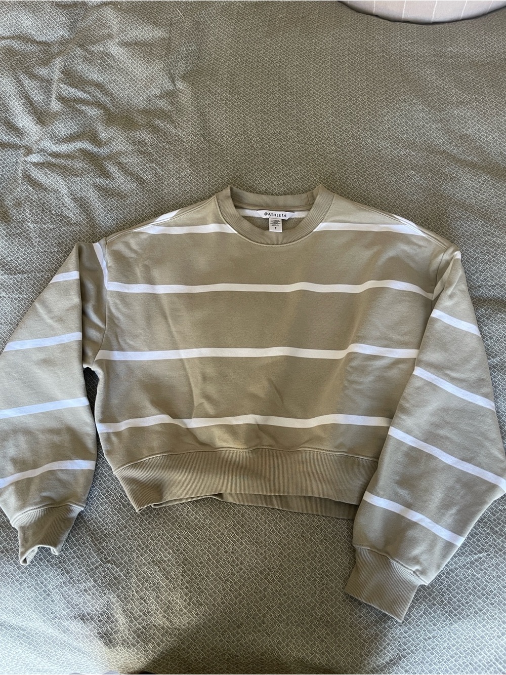 Athleta Terry Cropped Stripe Crewneck sweatshirt in taupe & White